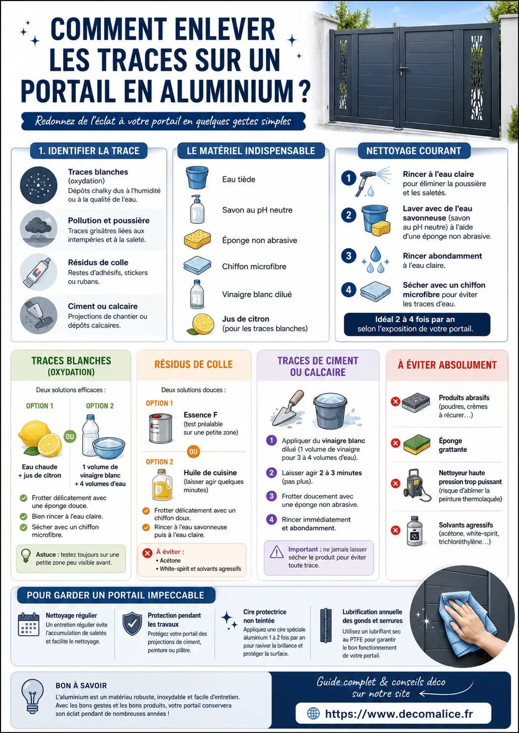 Comment enlever les traces sur un portail en aluminium - infographie