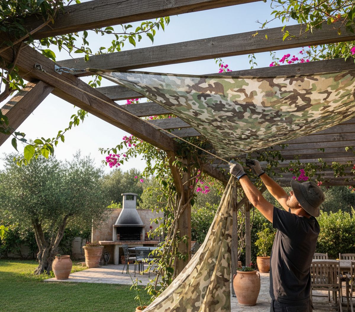 installer voile d'ombrage camouflage sur une pergola