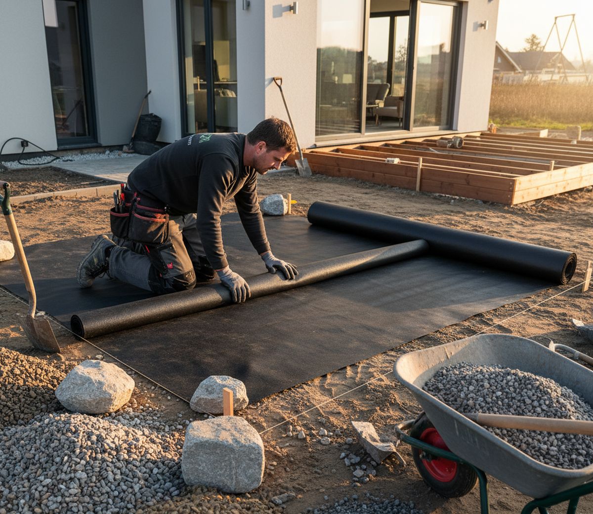 toile de paillage ou géotextile sous terrasse
